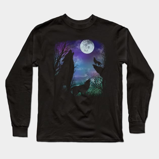 3 Wolf in a Moon Long Sleeve T-Shirt by diardo